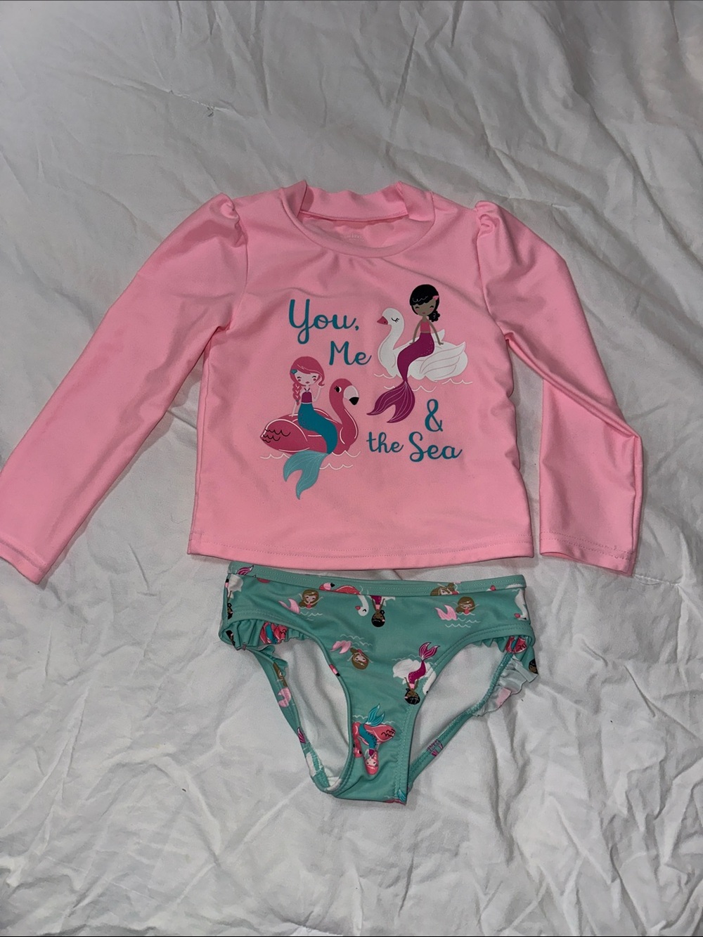Girls Pink Long-Sleeve Rashguard Swim Top & Aqua Mermaid Bikini Bottoms